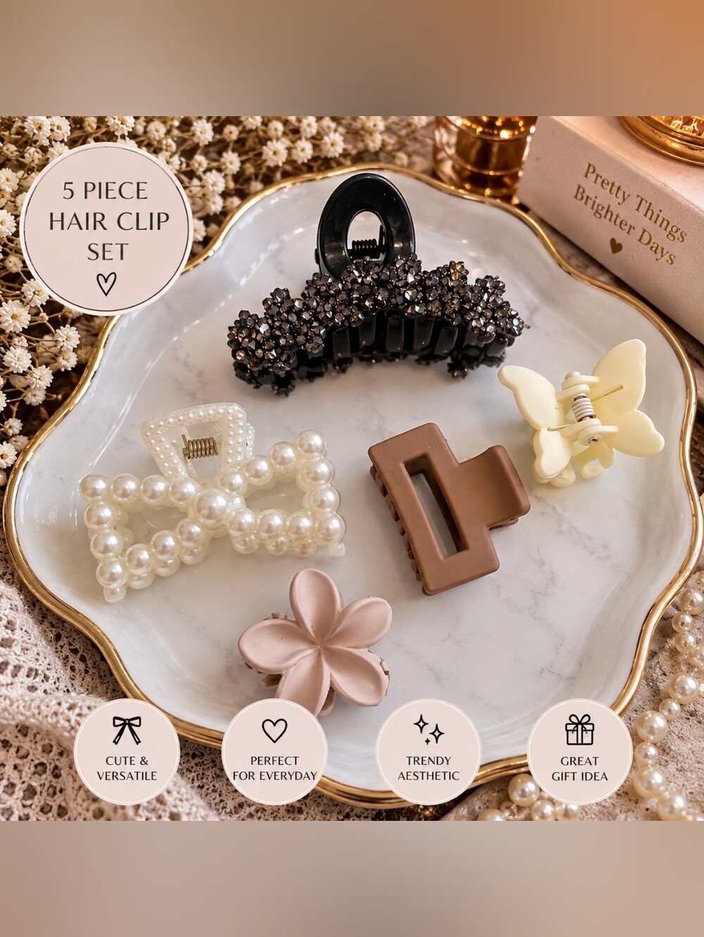 5-Piece Mixed Hair Claw Clip Set Glitter Pearl Bow Flower Matte Butterfly New
